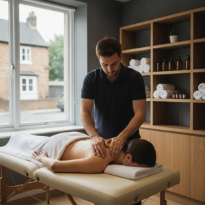 Home 2 Male therapist provides a shoulder sports massage in a modern British Mansfield room with natural light.